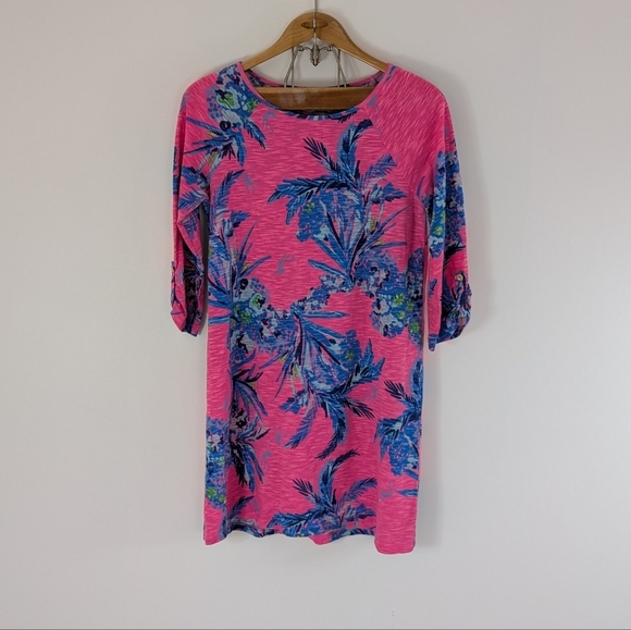 Lilly Pulitzer Dress Womens M Pink Tiki Blue Surfcrest Out On A Limb Swing Mini - Picture 1 of 10
